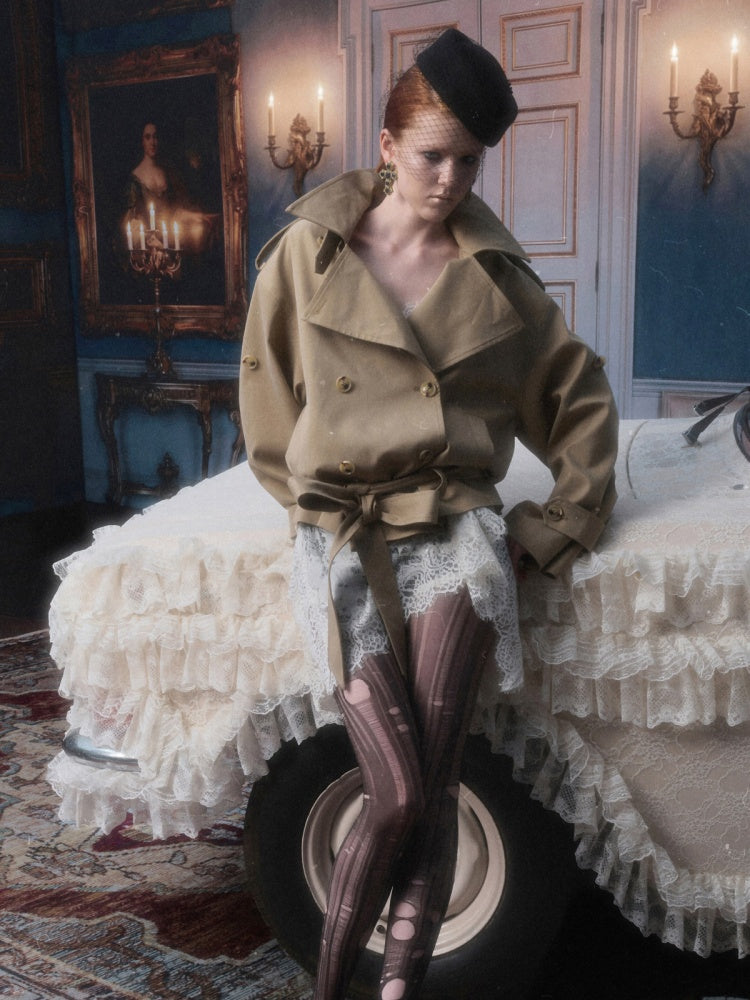 Stand Collar Curved Shoulder Silhouette Large Lapel Double-Breasted Mid-Short Tie-waisted Trench Coat【s0000017830】