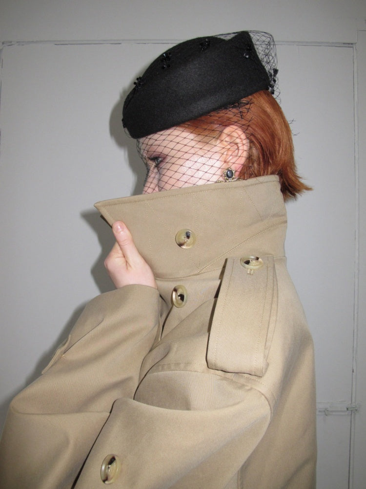 Stand Collar Curved Shoulder Silhouette Large Lapel Double-Breasted Mid-Short Tie-waisted Trench Coat【s0000017830】