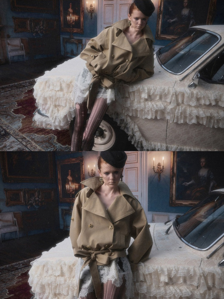 Stand Collar Curved Shoulder Silhouette Large Lapel Double-Breasted Mid-Short Tie-waisted Trench Coat【s0000017830】