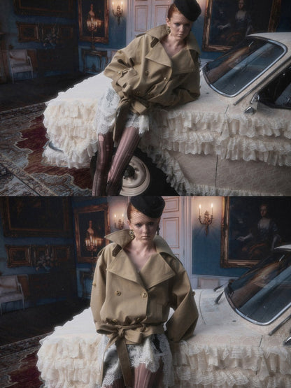 Stand Collar Curved Shoulder Silhouette Large Lapel Double-Breasted Mid-Short Tie-waisted Trench Coat【s0000017830】