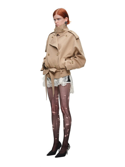 Stand Collar Curved Shoulder Silhouette Large Lapel Double-Breasted Mid-Short Tie-waisted Trench Coat【s0000017830】