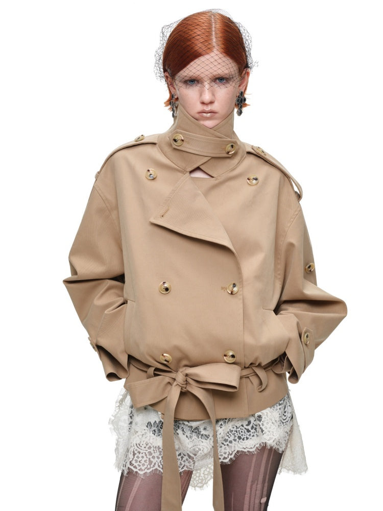 Stand Collar Curved Shoulder Silhouette Large Lapel Double-Breasted Mid-Short Tie-waisted Trench Coat【s0000017830】
