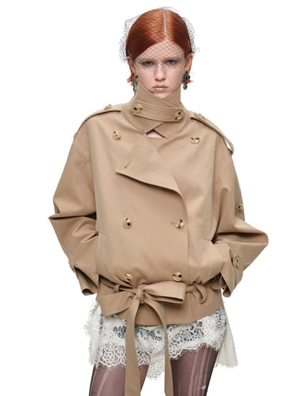 Stand Collar Curved Shoulder Silhouette Large Lapel Double-Breasted Mid-Short Tie-waisted Trench Coat【s0000017830】