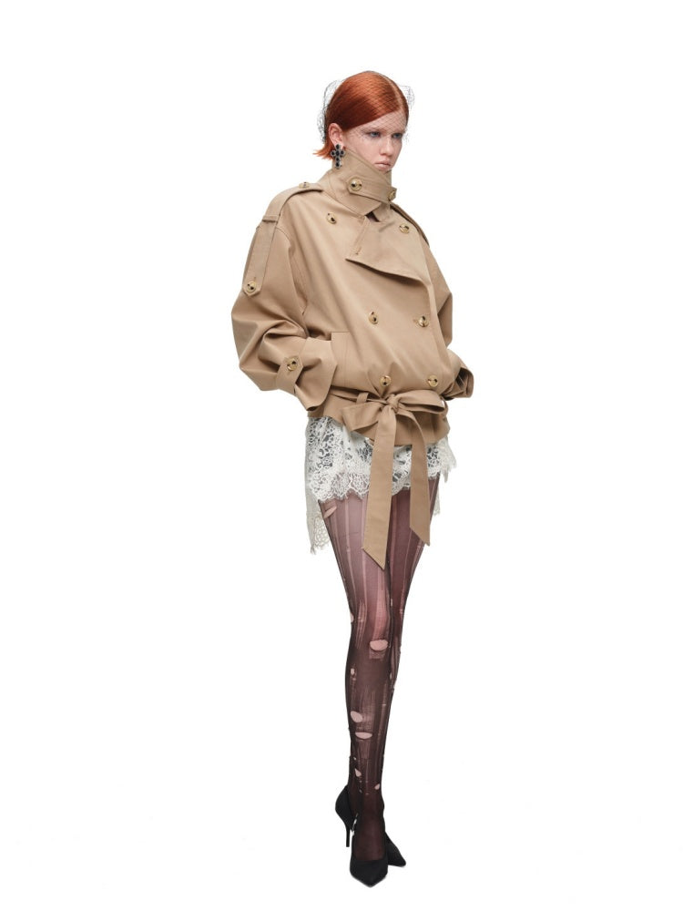 Stand Collar Curved Shoulder Silhouette Large Lapel Double-Breasted Mid-Short Tie-waisted Trench Coat【s0000017830】