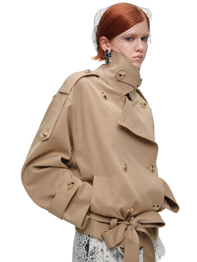 Stand Collar Curved Shoulder Silhouette Large Lapel Double-Breasted Mid-Short Tie-waisted Trench Coat【s0000017830】