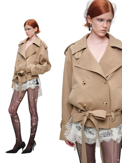 Stand Collar Curved Shoulder Silhouette Large Lapel Double-Breasted Mid-Short Tie-waisted Trench Coat【s0000017830】