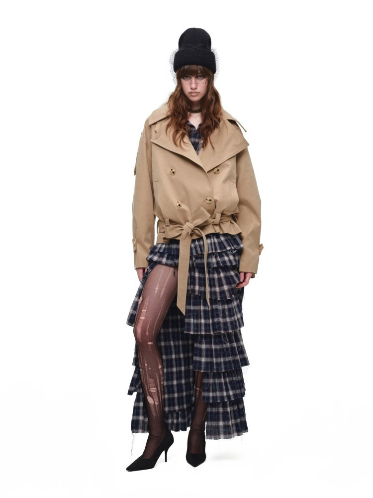 Stand Collar Curved Shoulder Silhouette Large Lapel Double-Breasted Mid-Short Tie-waisted Trench Coat【s0000017830】