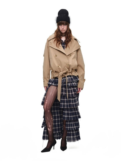 Stand Collar Curved Shoulder Silhouette Large Lapel Double-Breasted Mid-Short Tie-waisted Trench Coat【s0000017830】