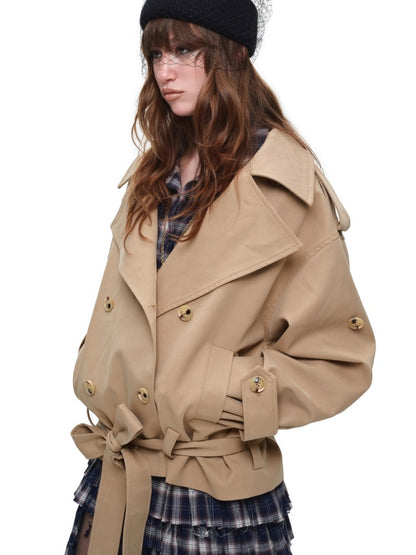 Stand Collar Curved Shoulder Silhouette Large Lapel Double-Breasted Mid-Short Tie-waisted Trench Coat【s0000017830】