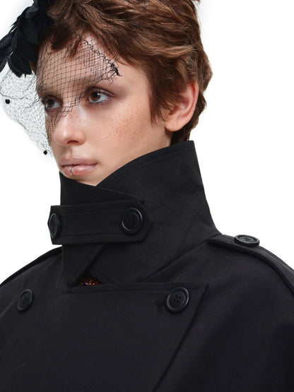Stand Collar Curved Shoulder Silhouette Large Lapel Double-Breasted Mid-Short Tie-waisted Trench Coat【s0000017830】