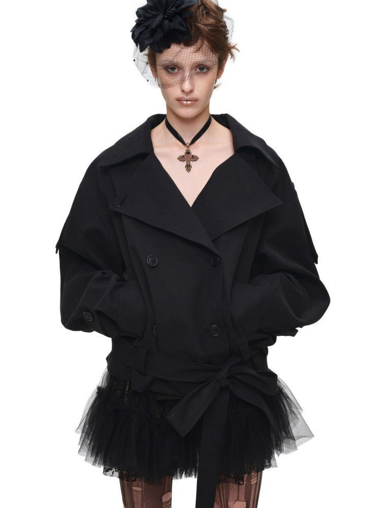 Stand Collar Curved Shoulder Silhouette Large Lapel Double-Breasted Mid-Short Tie-waisted Trench Coat【s0000017830】