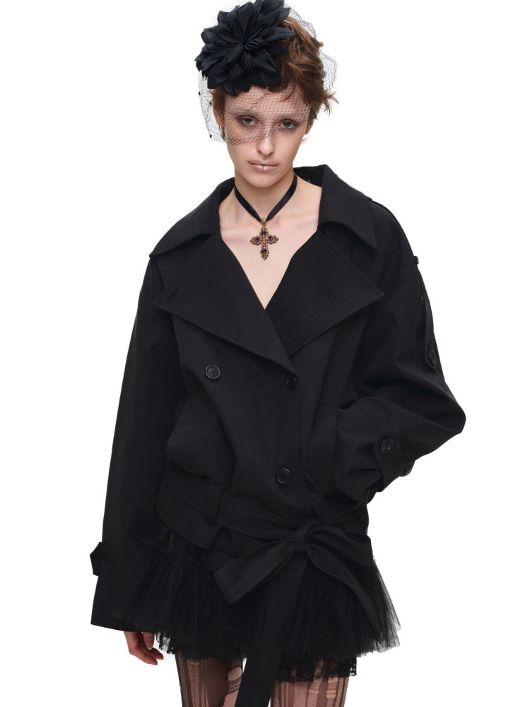 Stand Collar Curved Shoulder Silhouette Large Lapel Double-Breasted Mid-Short Tie-waisted Trench Coat【s0000017830】