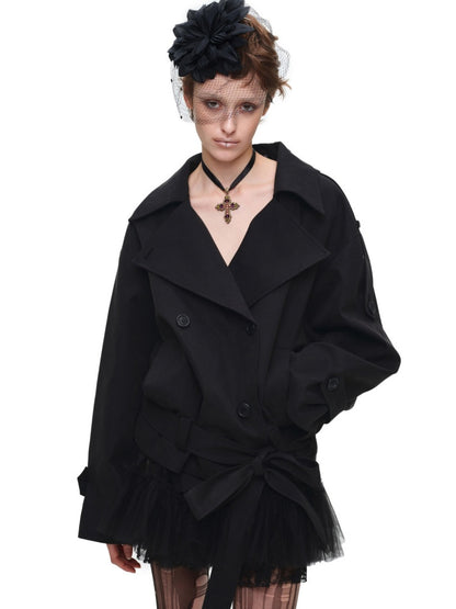 Stand Collar Curved Shoulder Silhouette Large Lapel Double-Breasted Mid-Short Tie-waisted Trench Coat【s0000017830】