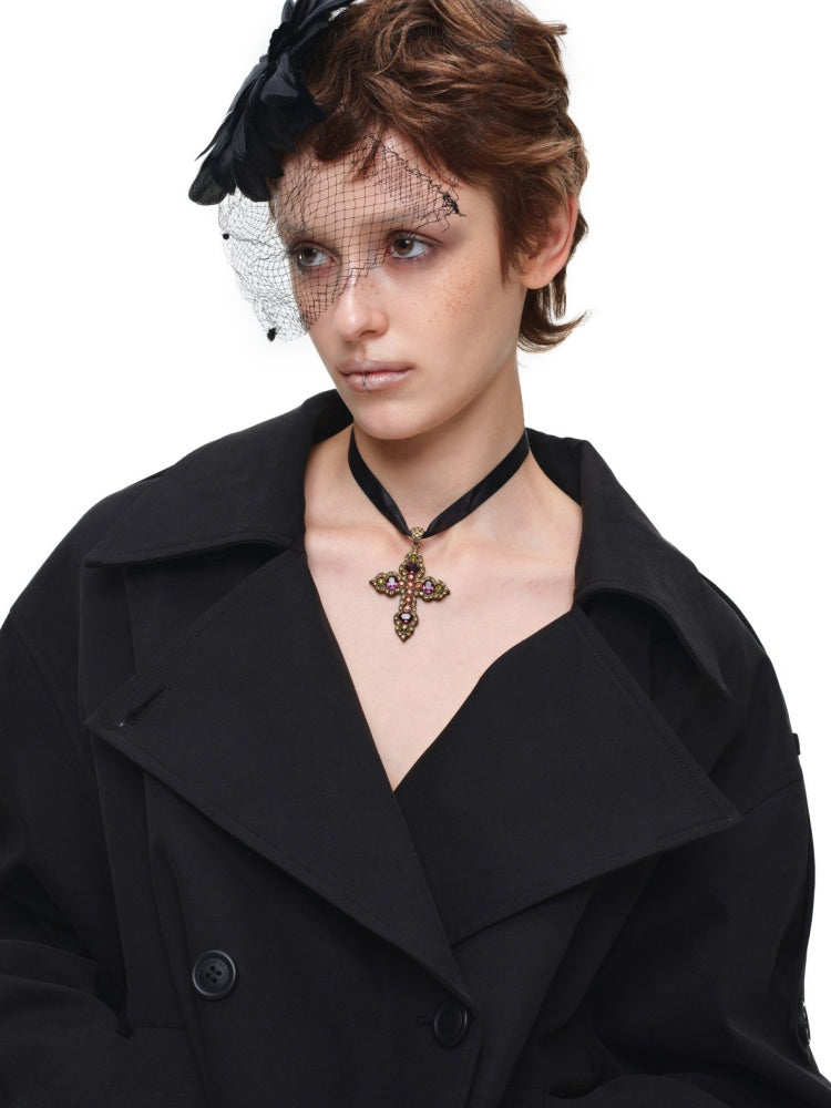 Stand Collar Curved Shoulder Silhouette Large Lapel Double-Breasted Mid-Short Tie-waisted Trench Coat【s0000017830】