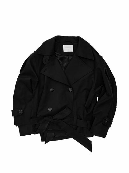 Stand Collar Curved Shoulder Silhouette Large Lapel Double-Breasted Mid-Short Tie-waisted Trench Coat【s0000017830】
