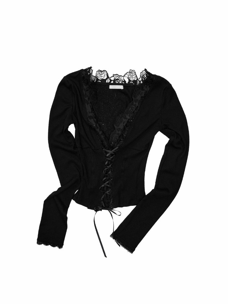 Lace Patchwork V-Neck Groove Knit Slim Long-Sleeve Inner Tops【s0000017831】
