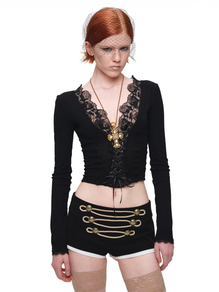 Lace Patchwork V-Neck Groove Knit Slim Long-Sleeve Inner Tops【s0000017831】