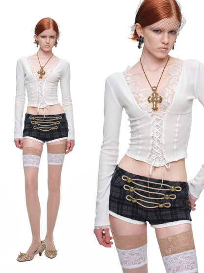 Lace Patchwork V-Neck Groove Knit Slim Long-Sleeve Inner Tops【s0000017831】