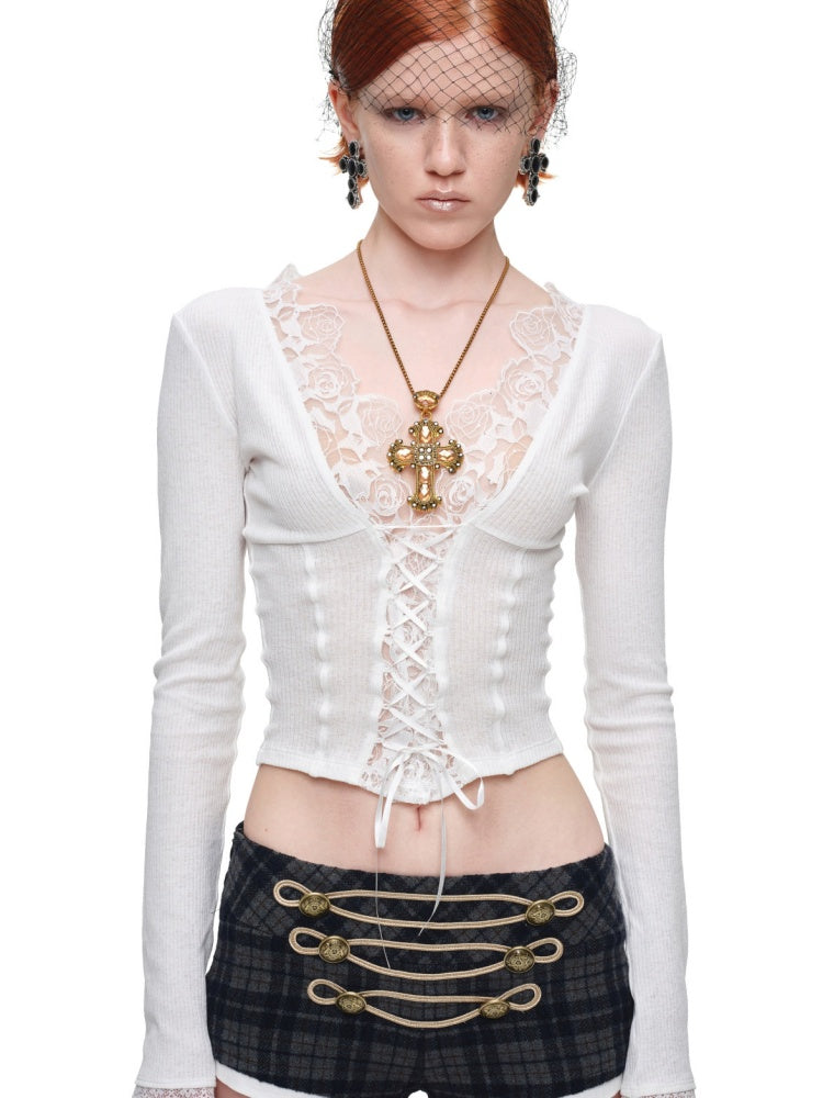 Lace Patchwork V-Neck Groove Knit Slim Long-Sleeve Inner Tops【s0000017831】