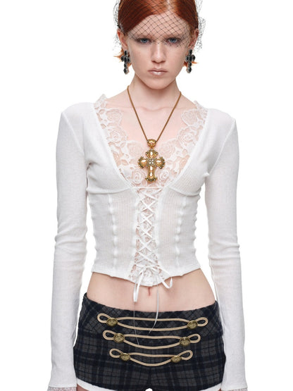 Lace Patchwork V-Neck Groove Knit Slim Long-Sleeve Inner Tops【s0000017831】