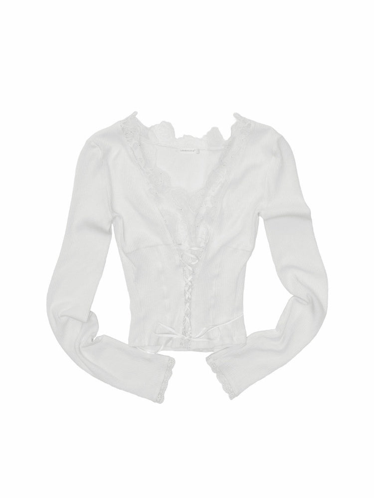 Lace Patchwork V-Neck Groove Knit Slim Long-Sleeve Inner Tops【s0000017831】