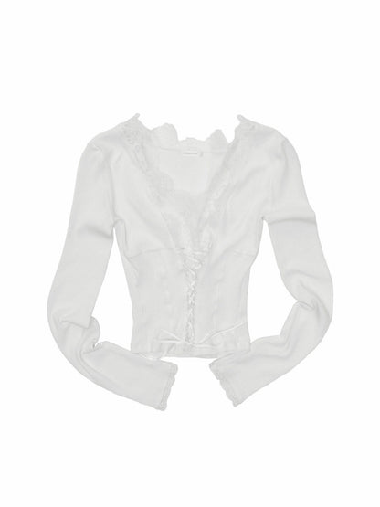 Lace Patchwork V-Neck Groove Knit Slim Long-Sleeve Inner Tops【s0000017831】