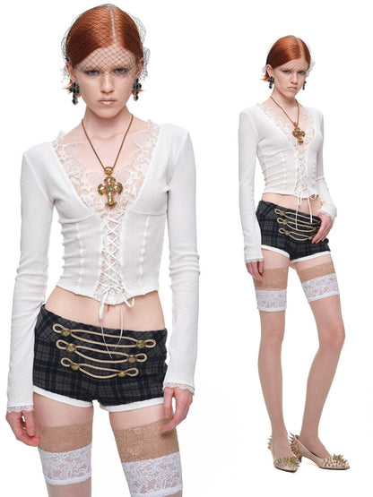 Lace Patchwork V-Neck Groove Knit Slim Long-Sleeve Inner Tops【s0000017831】