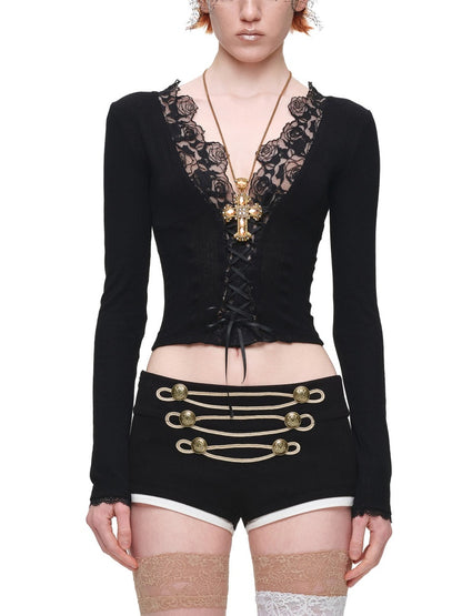 Lace Patchwork V-Neck Groove Knit Slim Long-Sleeve Inner Tops【s0000017831】
