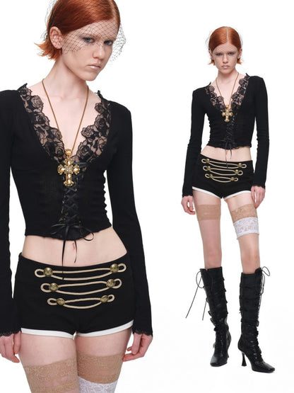 Lace Patchwork V-Neck Groove Knit Slim Long-Sleeve Inner Tops【s0000017831】