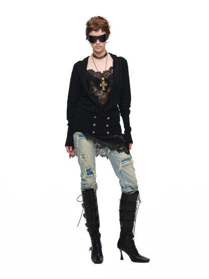 Double-Breasted Large V-Neck Bat-Sleeve Loose Knit Cardigan【s0000017832】