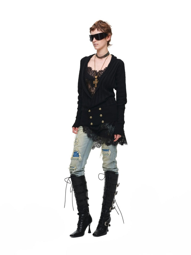 Double-Breasted Large V-Neck Bat-Sleeve Loose Knit Cardigan【s0000017832】