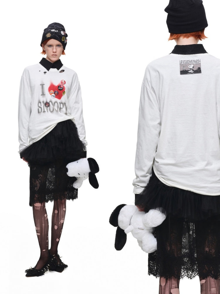 1JINN STUDIO × Snoopy American Vintage Print Washed Loose Long-Sleeve T-Shirt【s0000017833】