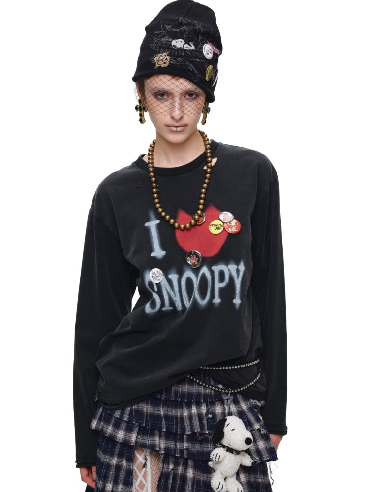 1JINN STUDIO × Snoopy American Vintage Print Washed Loose Long-Sleeve T-Shirt【s0000017833】