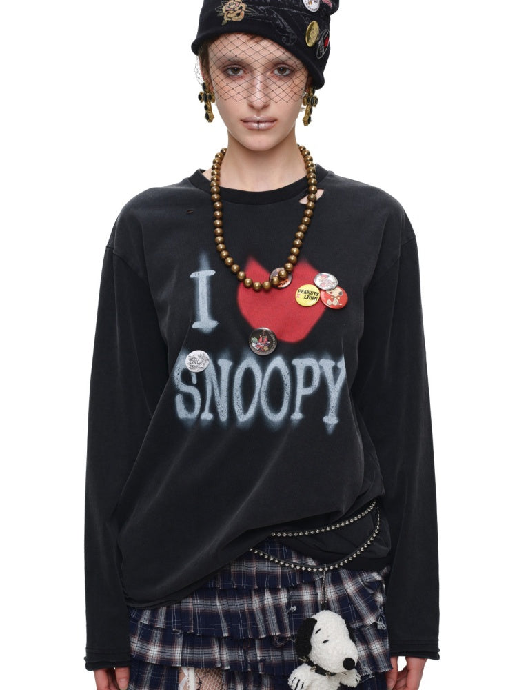 1JINN STUDIO × Snoopy American Vintage Print Washed Loose Long-Sleeve T-Shirt【s0000017833】