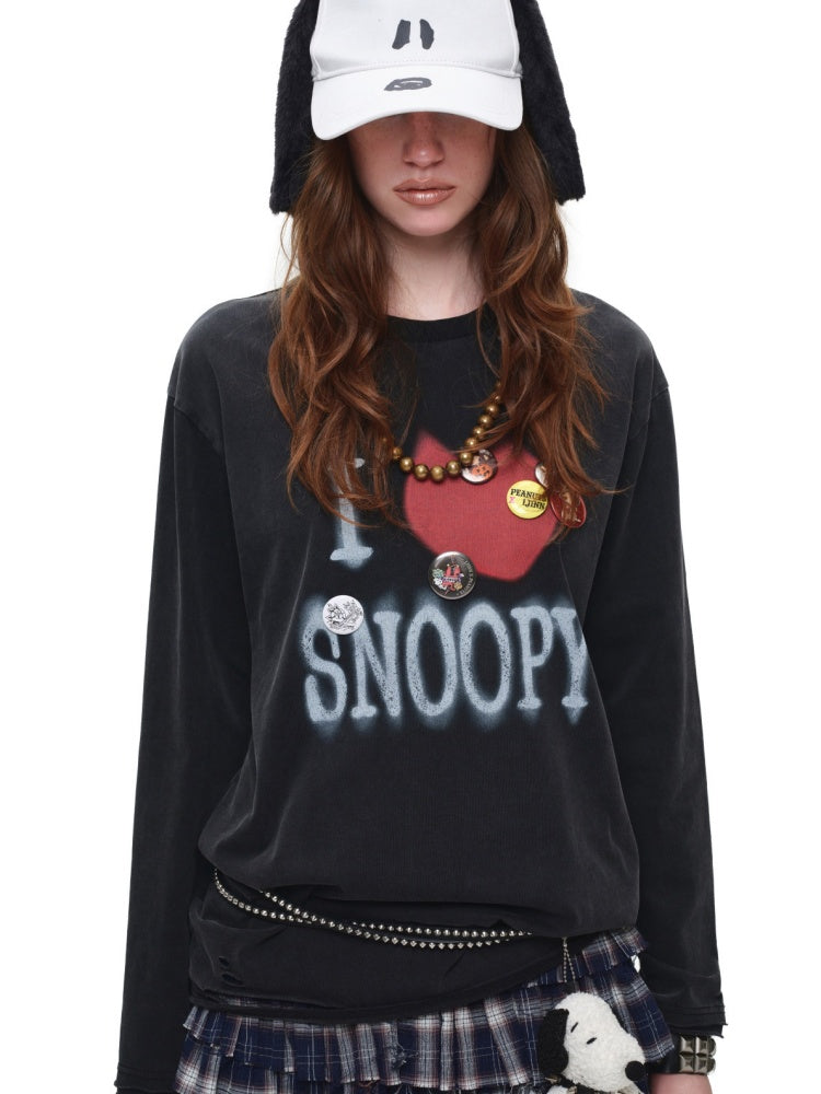 1JINN STUDIO × Snoopy American Vintage Print Washed Loose Long-Sleeve T-Shirt【s0000017833】