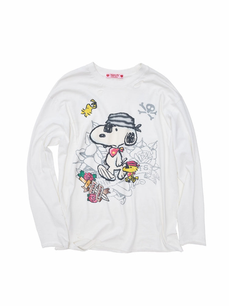 1JINN STUDIO × Snoopy Collaboration Vintage Distressed Washed Worn-Out Large Print Loose Long-Sleeve T-Shirt【s0000017834】