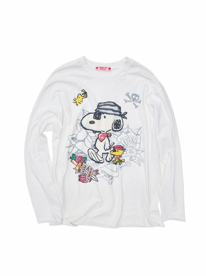 1JINN STUDIO × Snoopy Collaboration Vintage Distressed Washed Worn-Out Large Print Loose Long-Sleeve T-Shirt【s0000017834】