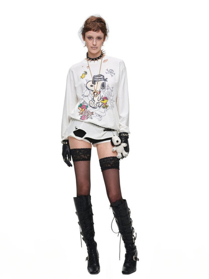 1JINN STUDIO × Snoopy Collaboration Vintage Distressed Washed Worn-Out Large Print Loose Long-Sleeve T-Shirt【s0000017834】