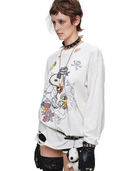 1JINN STUDIO × Snoopy Collaboration Vintage Distressed Washed Worn-Out Large Print Loose Long-Sleeve T-Shirt【s0000017834】