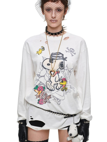 1JINN STUDIO × Snoopy Collaboration Vintage Distressed Washed Worn-Out Large Print Loose Long-Sleeve T-Shirt【s0000017834】