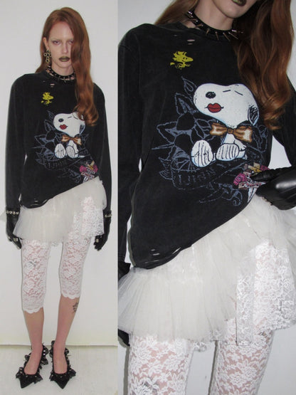 1JINN STUDIO × Snoopy Collaboration Vintage Distressed Washed Worn-Out Large Print Loose Long-Sleeve T-Shirt【s0000017834】