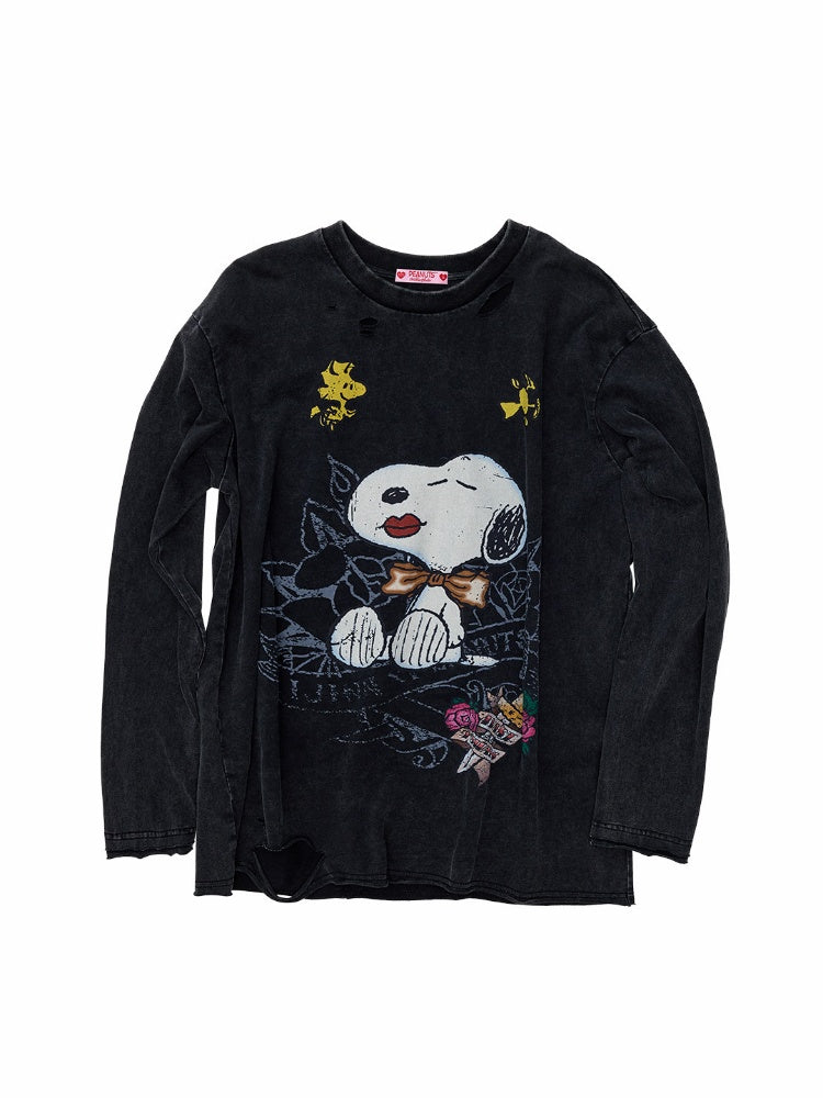 1JINN STUDIO × Snoopy Collaboration Vintage Distressed Washed Worn-Out Large Print Loose Long-Sleeve T-Shirt【s0000017834】