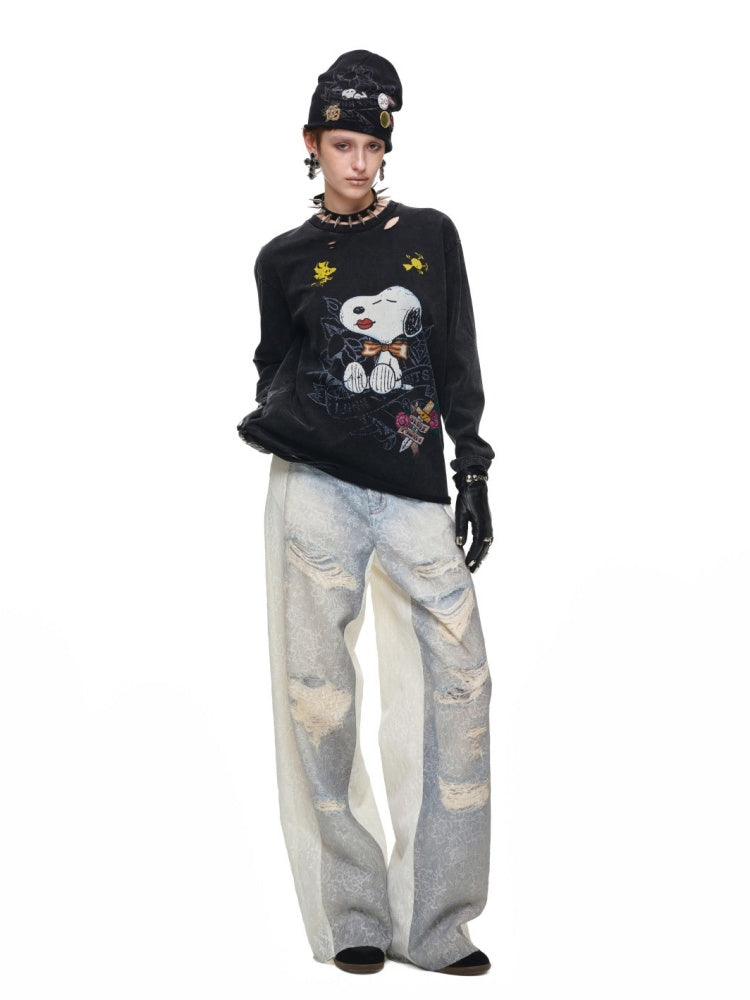 1JINN STUDIO × Snoopy Collaboration Vintage Distressed Washed Worn-Out Large Print Loose Long-Sleeve T-Shirt【s0000017834】