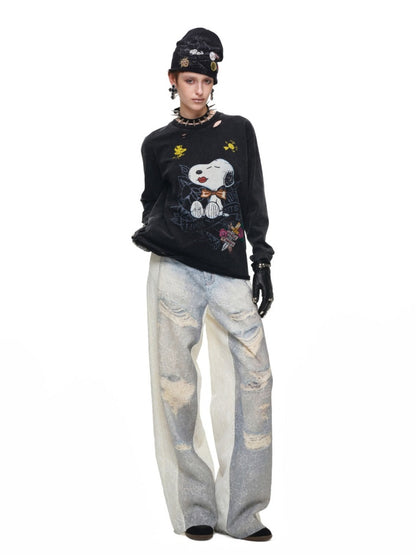 1JINN STUDIO × Snoopy Collaboration Vintage Distressed Washed Worn-Out Large Print Loose Long-Sleeve T-Shirt【s0000017834】