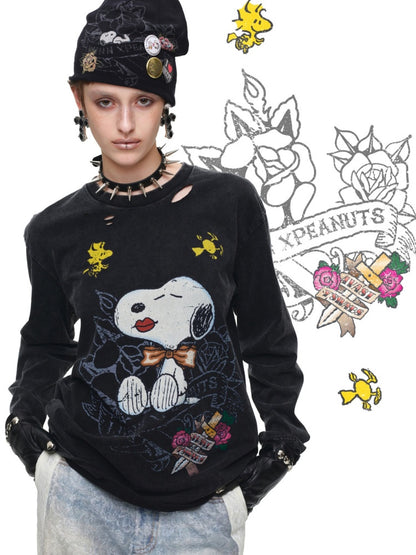 1JINN STUDIO × Snoopy Collaboration Vintage Distressed Washed Worn-Out Large Print Loose Long-Sleeve T-Shirt【s0000017834】