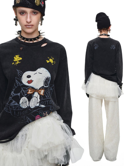 1JINN STUDIO × Snoopy Collaboration Vintage Distressed Washed Worn-Out Large Print Loose Long-Sleeve T-Shirt【s0000017834】