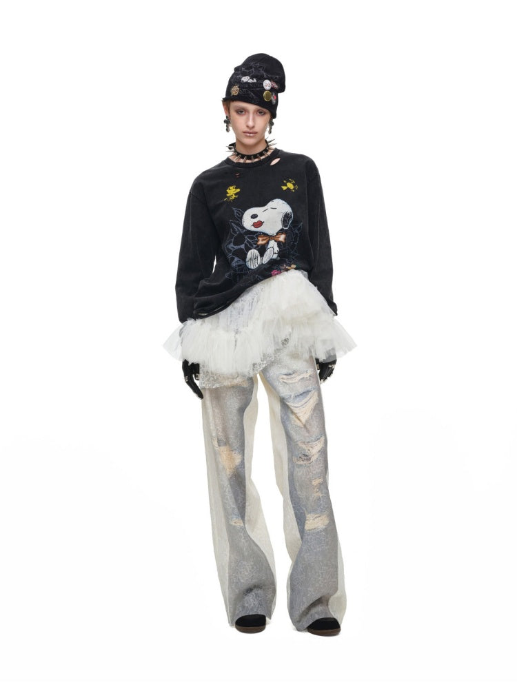 1JINN STUDIO × Snoopy Collaboration Vintage Distressed Washed Worn-Out Large Print Loose Long-Sleeve T-Shirt【s0000017834】