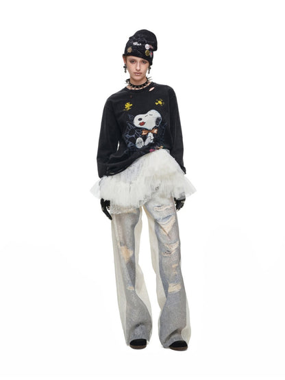 1JINN STUDIO × Snoopy Collaboration Vintage Distressed Washed Worn-Out Large Print Loose Long-Sleeve T-Shirt【s0000017834】