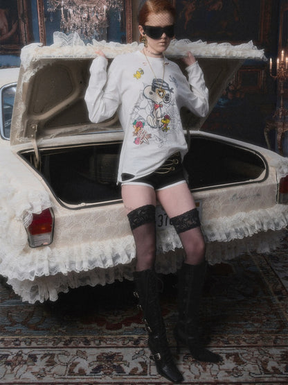 1JINN STUDIO × Snoopy Collaboration Vintage Distressed Washed Worn-Out Large Print Loose Long-Sleeve T-Shirt【s0000017834】