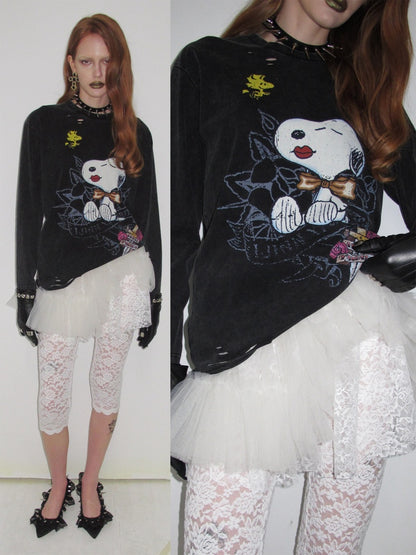 1JINN STUDIO × Snoopy Collaboration Vintage Distressed Washed Worn-Out Large Print Loose Long-Sleeve T-Shirt【s0000017834】
